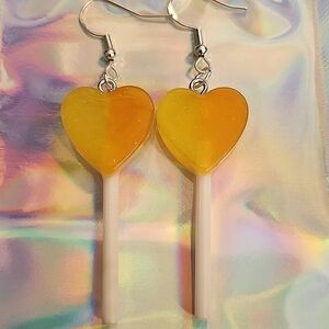 Handmade Yellow Orange Ombre Glitter Resin Heart Lollipop Dangle Earrings